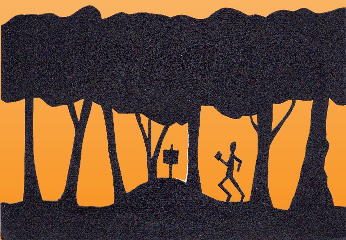 papercut of orienteer, trees and o kite.